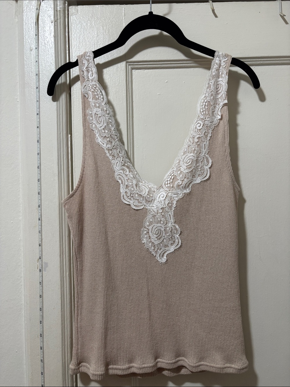 Zara Lace-Trim Ribbed Tank in Light Taupe